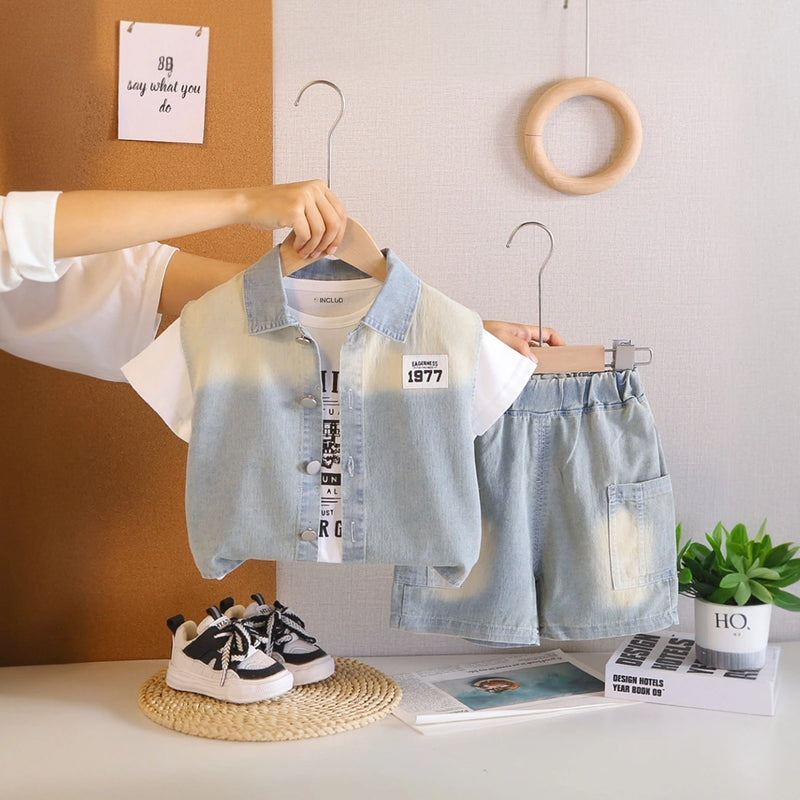 Boys Light Blue Denim Shirt with Short Sleeve T-Shirt And Denim Shorts Sets 3 pc. Sets Light Blue 1-2 Y