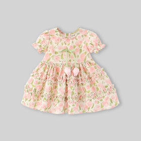 Girls Pink Floral Print Fit & Flare Dress With Puff Sleeves Casual Dresses