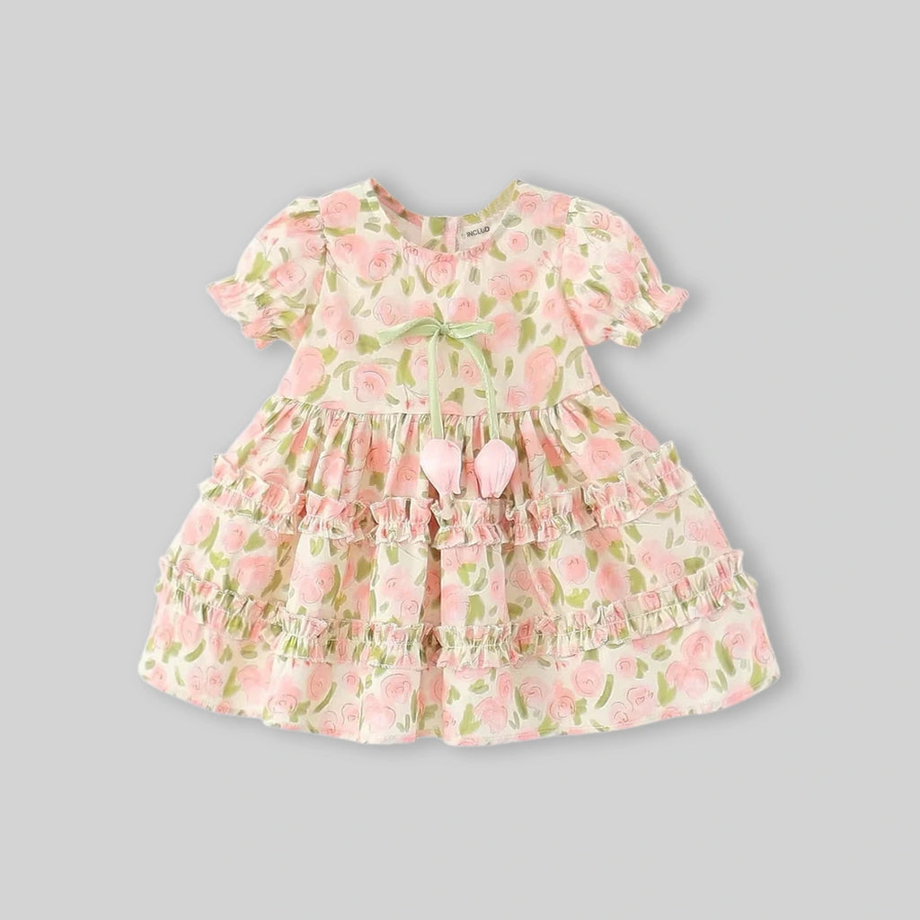 Girls Pink Floral Print Fit & Flare Dress With Puff Sleeves Casual Dresses