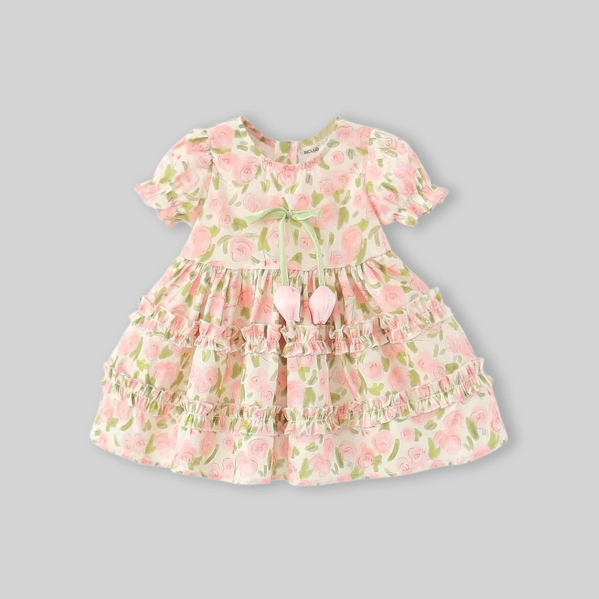 Girls Pink Floral Print Fit & Flare Dress With Puff Sleeves Casual Dresses