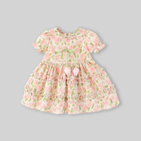 Girls Pink Floral Print Fit & Flare Dress With Puff Sleeves Casual Dresses