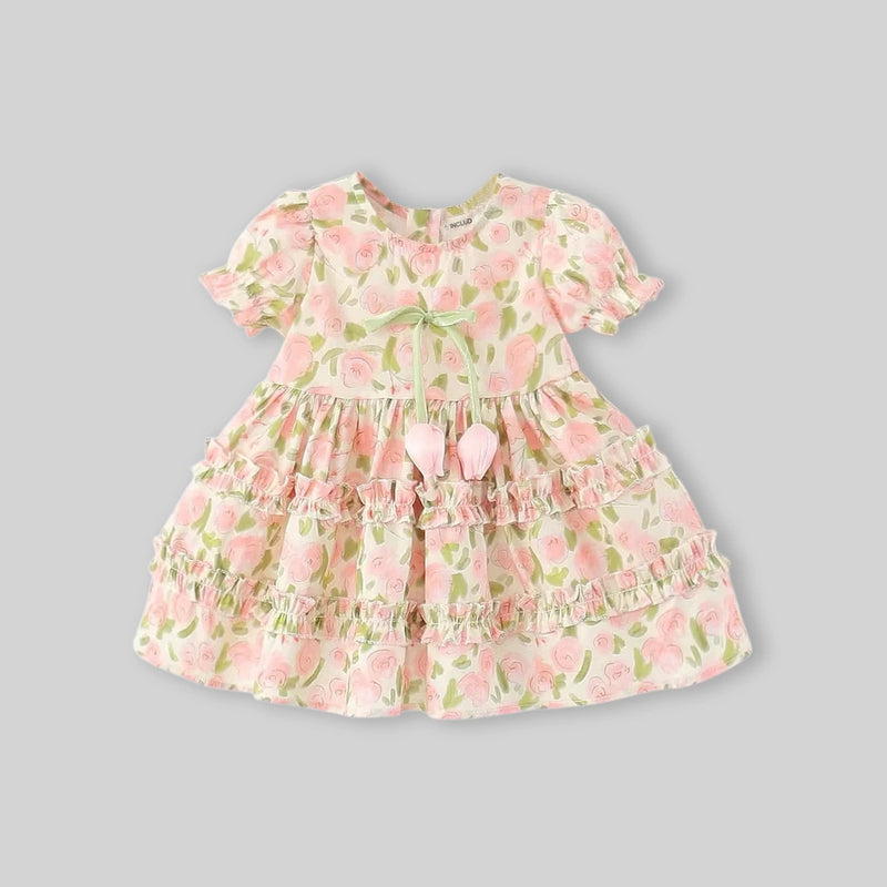 Girls Pink Floral Print Fit & Flare Dress With Puff Sleeves Casual Dresses