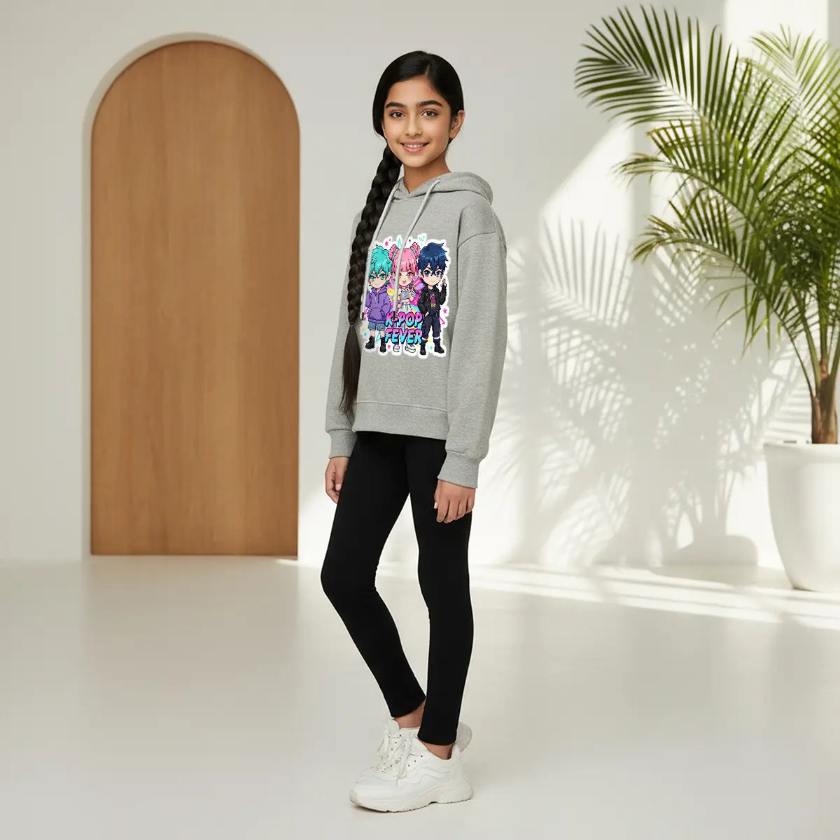 Girls Grey K-Pop Fever Graphics Hoodie Sweatshirts & Hoodies