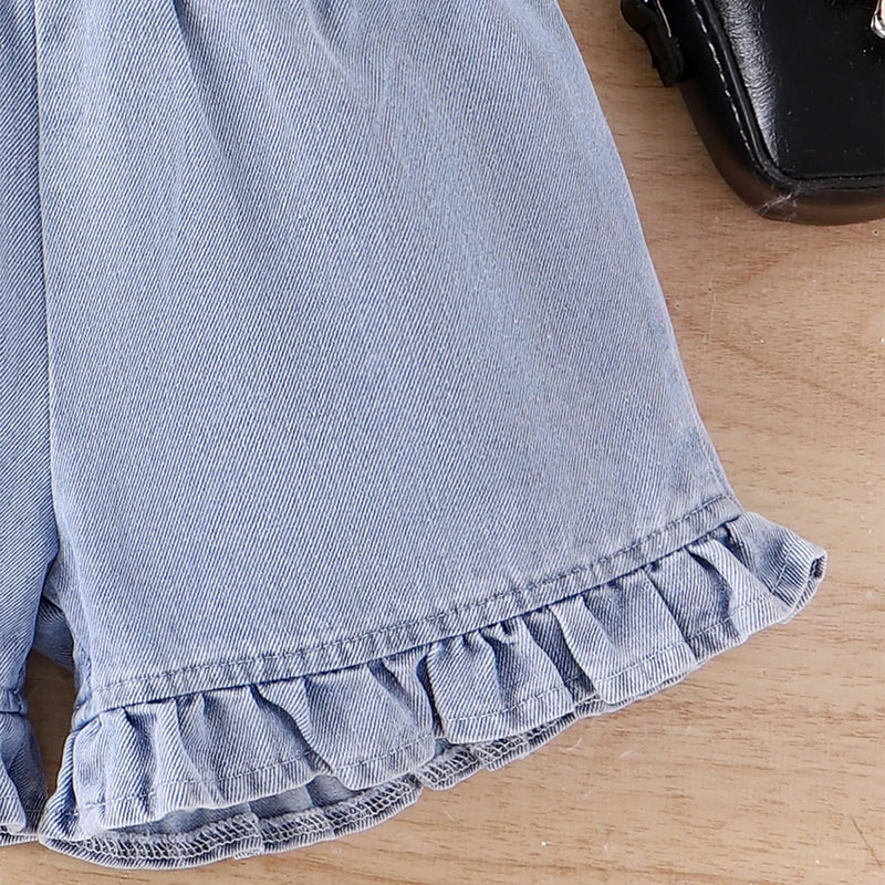 Girls Black Bow Applique Cold-Shoulder Top With Denim Shorts Sets 2 pc. Sets