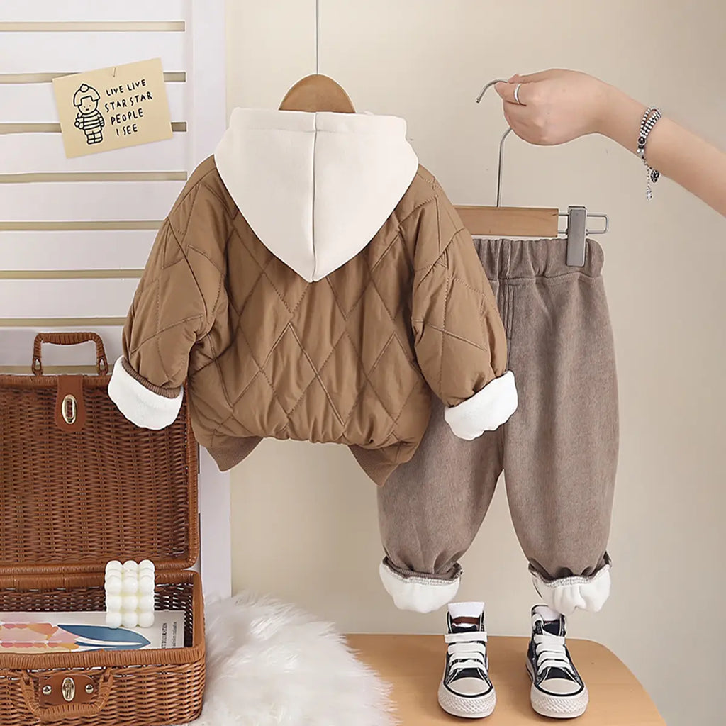 Boys Khaki Quilted Button-down Jacket With Hoodie & Jogger Sets Sets