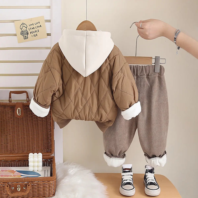 Boys Khaki Quilted Button-down Jacket With Hoodie & Jogger Sets Sets