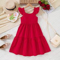 Girls Red Solid Summer Tiered Dress With Bow Details Casual Dresses