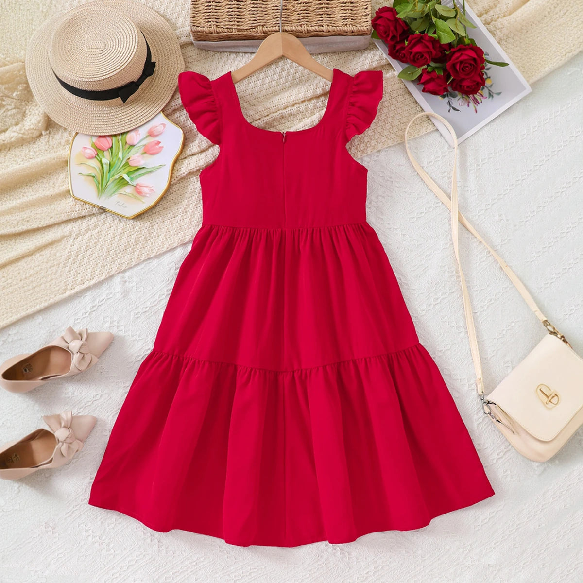 Girls Red Solid Summer Tiered Dress With Bow Details Casual Dresses