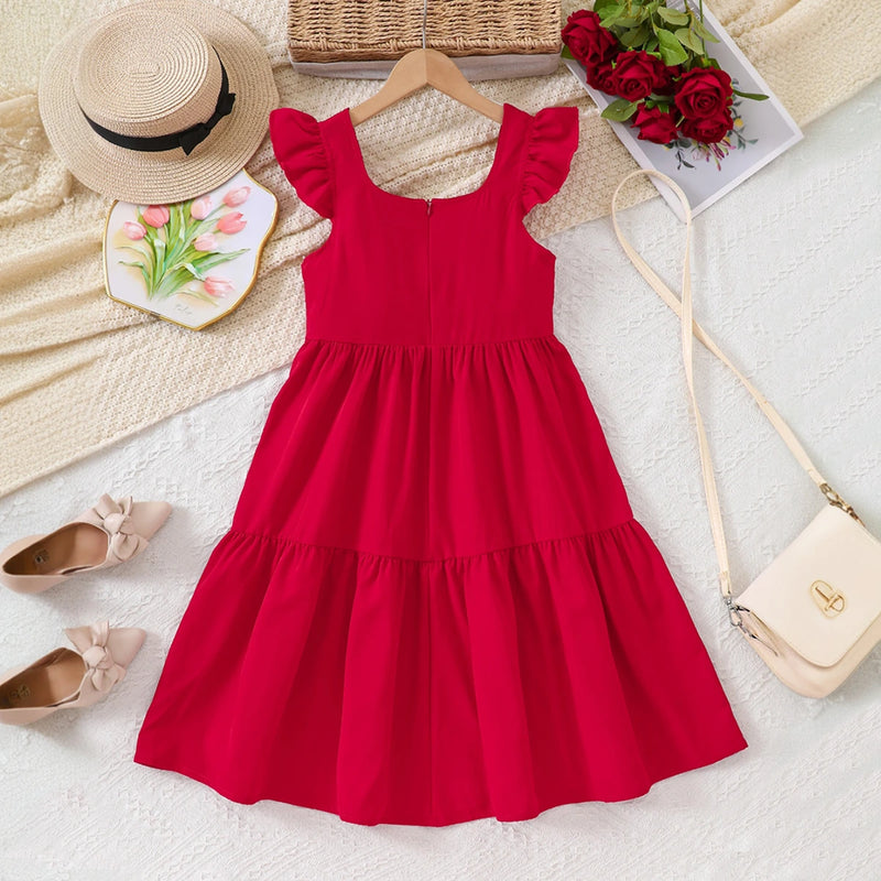 Girls Red Solid Summer Tiered Dress With Bow Details Casual Dresses