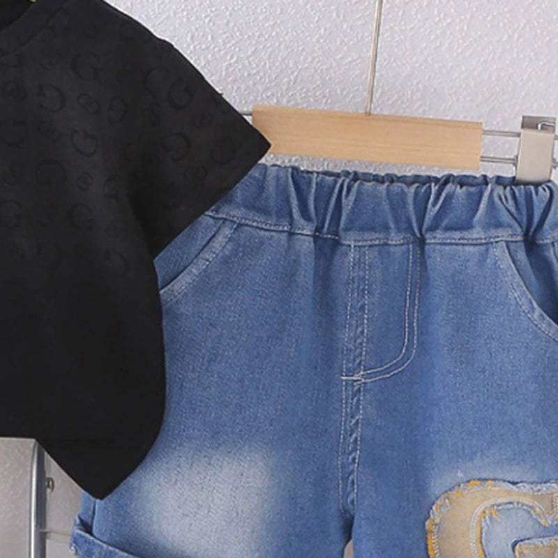 Boys Black Letter G Printed T-Shirt With Denim Shorts Set Sets