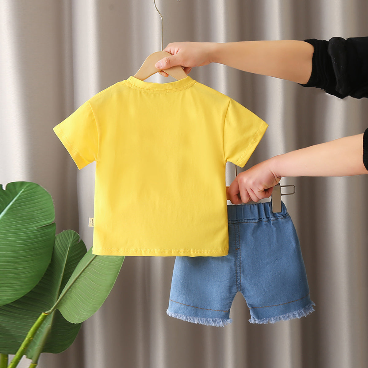 Boys Yellow Cartoon Printed Short Sleeves T-Shirt With Denim Shorts Set 2 pc. Sets