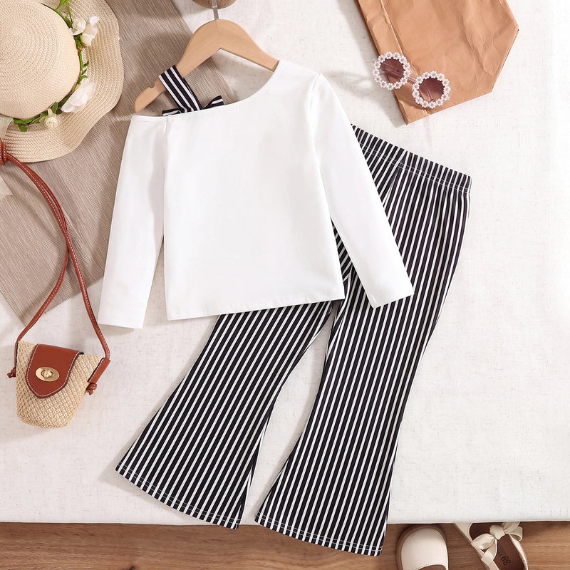 Girls White Long Sleeve Top With Striped Pants Sets 2 pc. Sets
