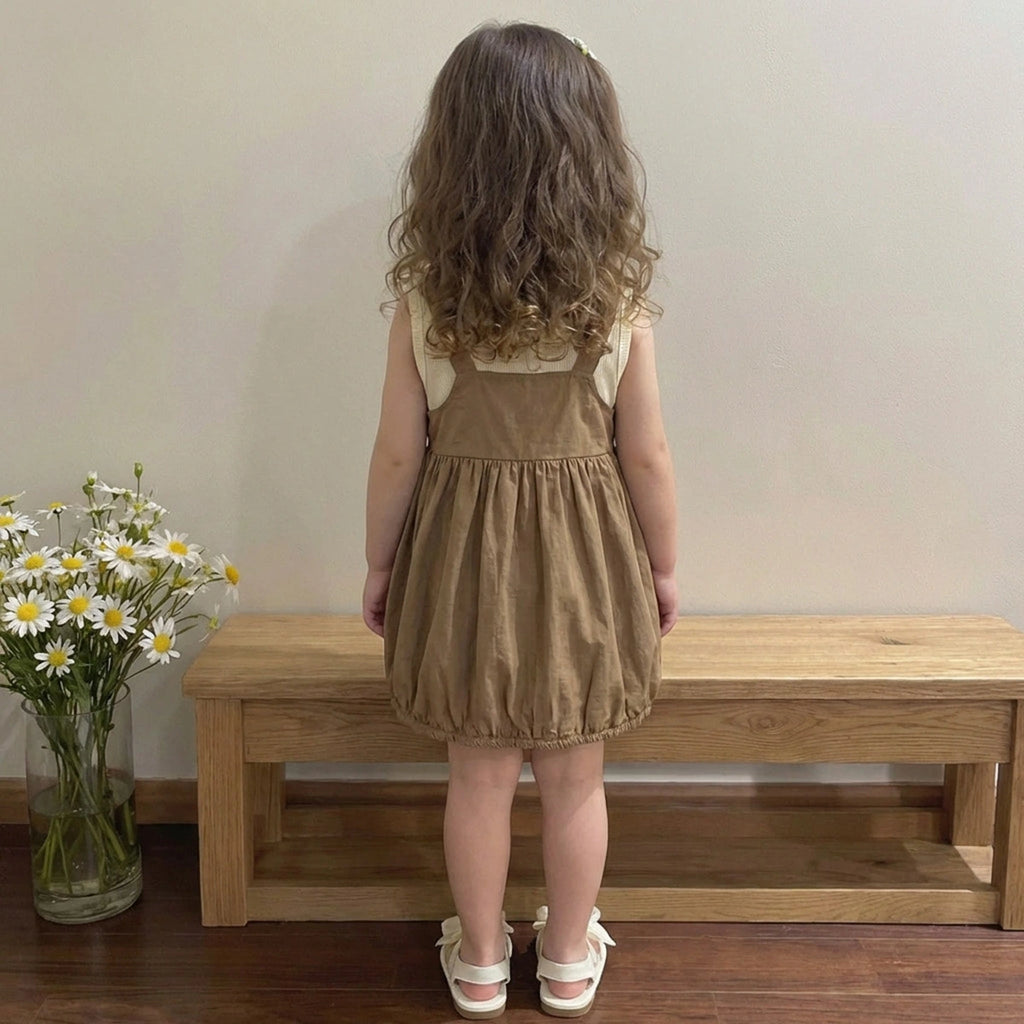 Girls Brown Solid Pinafore Dress With Sleeveless Inner Top Casual Dresses