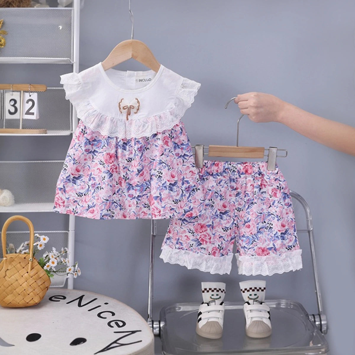 Girls Pink Floral Printed Eyelet Ruffle Top With Elasticated Shorts Sets 2 pc. Sets Pink 1-2 Y