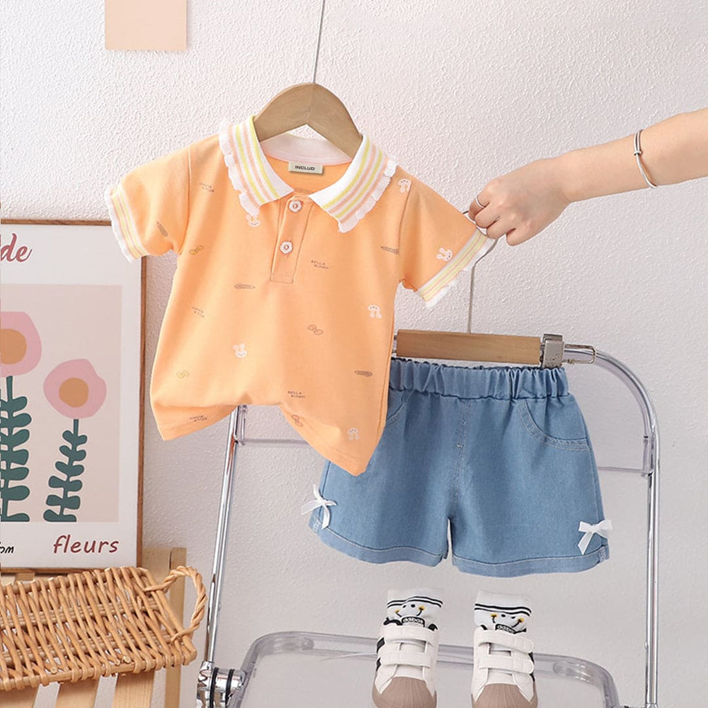 Girls Striped Collar Printed Polo T-Shirt With Denim Shorts