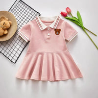 Girls Light Pink Bear Applique Pleated Fit & Flare Polo Dress Casual Dresses Light Pink 1-2 Y