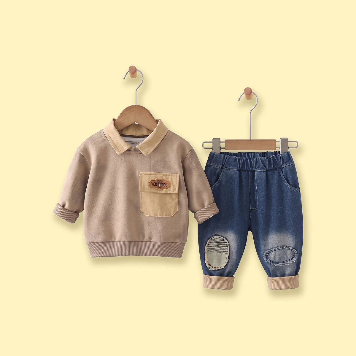 Boys Khaki Abstract Print Sweatshirt With Denim Pants Sets Sets Khaki 1-2 Y