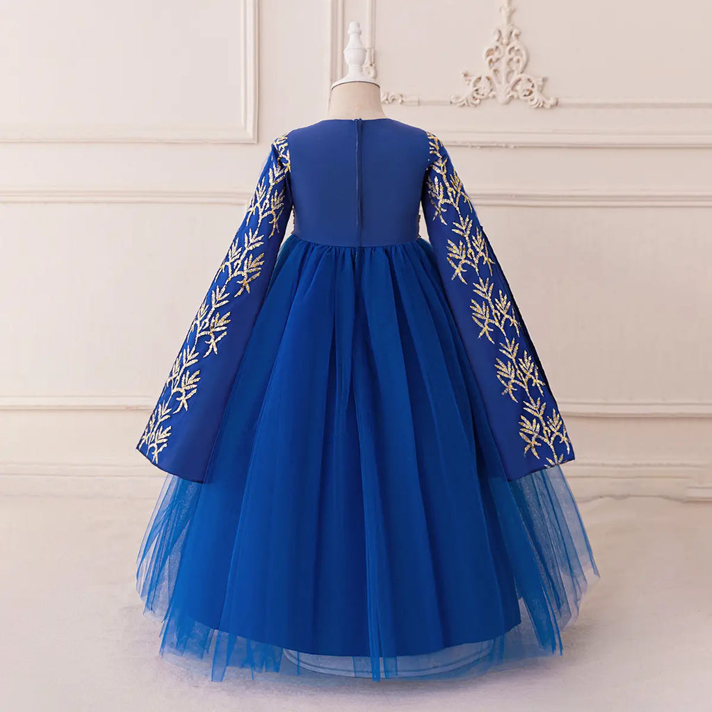 Girls Royal Blue Embroidered Gown With Long Sleeves Casual Dresses