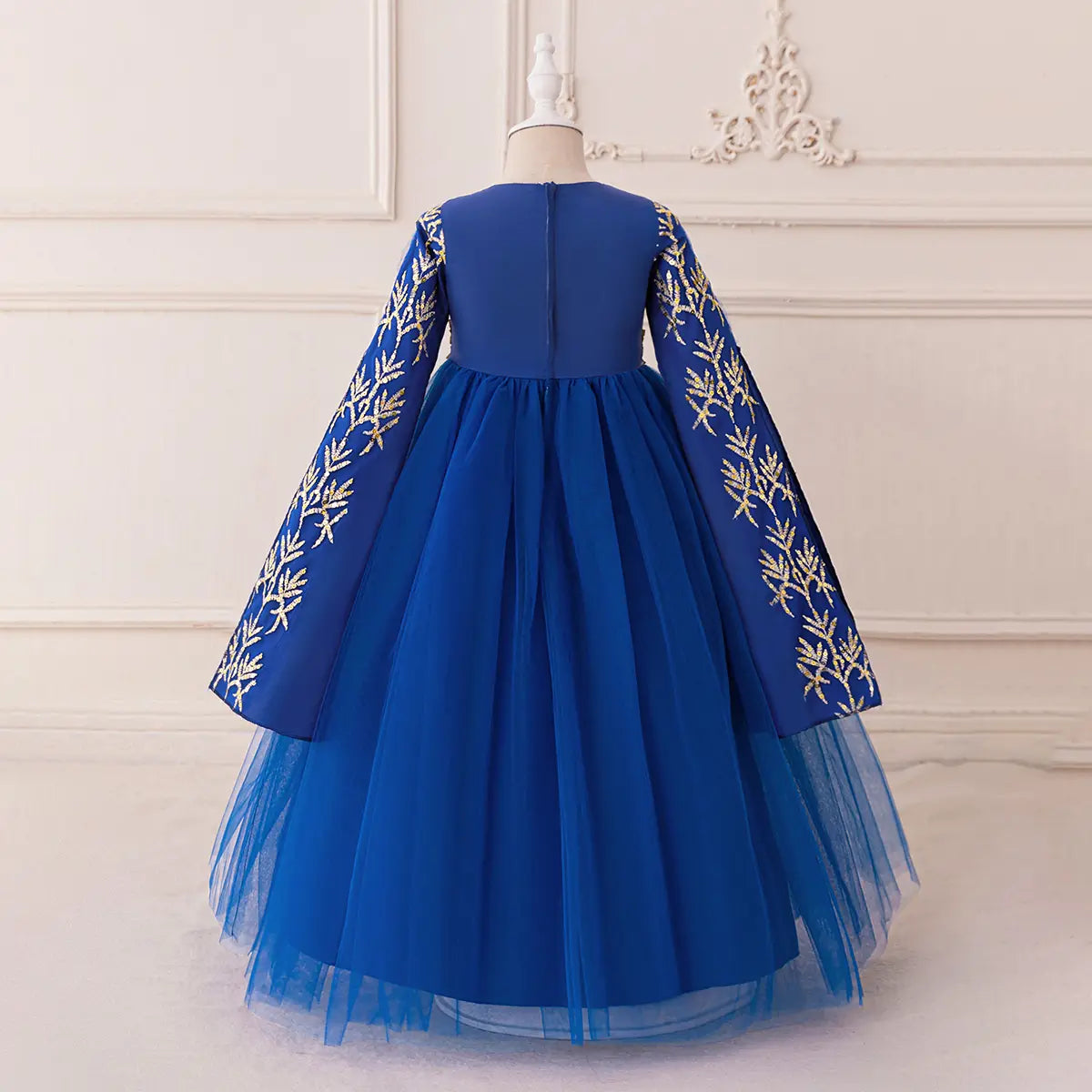 Girls Royal Blue Embroidered Gown With Long Sleeves Casual Dresses