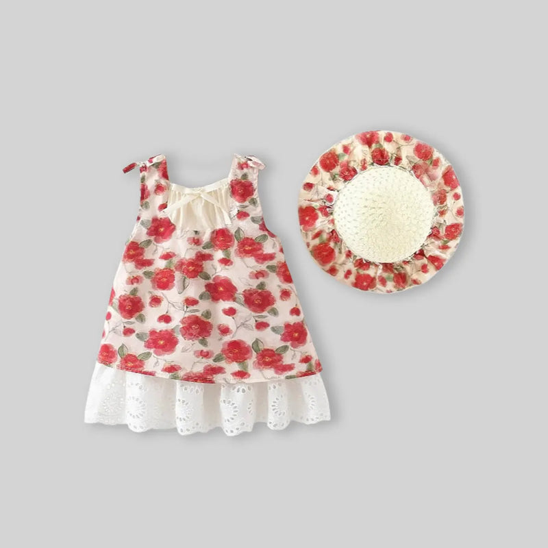 Girls Red Floral Print Sleeveless A-line Dress With Matching Sun Hat Casual Dresses