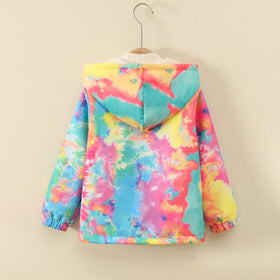 Girls Multicolor Tie -Dye Printed Front Zipper Hooded Winter Jacket Coats & Jackets