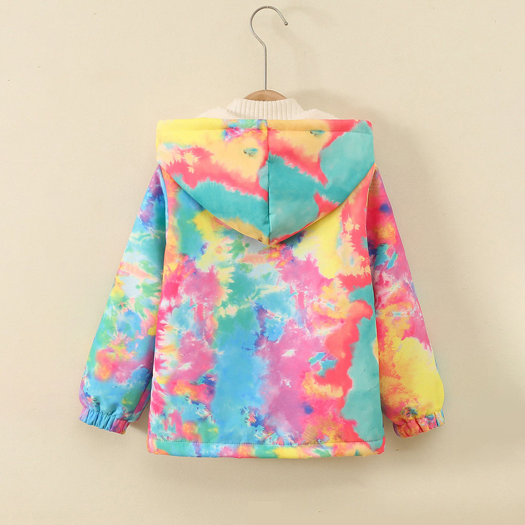 Girls Multicolor Tie -Dye Printed Front Zipper Hooded Winter Jacket Coats & Jackets