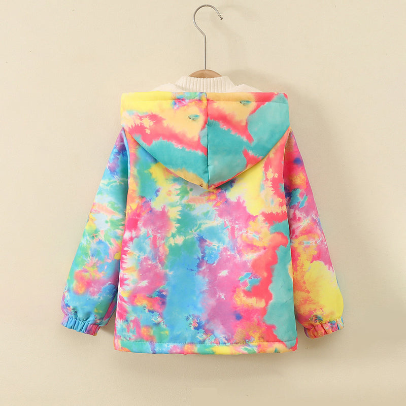 Girls Multicolor Tie -Dye Printed Front Zipper Hooded Winter Jacket Coats & Jackets