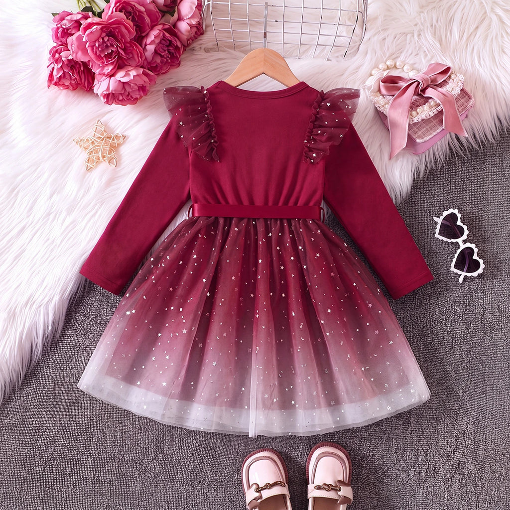 Girls Burgundy Star Foil Print Long Sleeve Fit & Flare Dress Casual Dresses