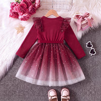 Girls Burgundy Star Foil Print Long Sleeve Fit & Flare Dress Casual Dresses