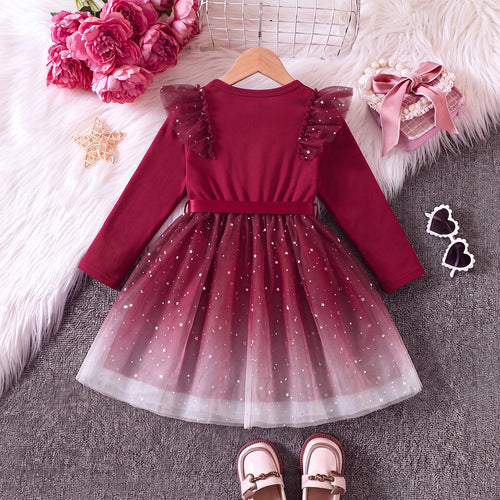 Girls Burgundy Star Foil Print Long Sleeve Fit & Flare Dress Casual Dresses