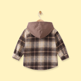 Boys Brown Checked Long Sleeve Hooded Shirt Shirts