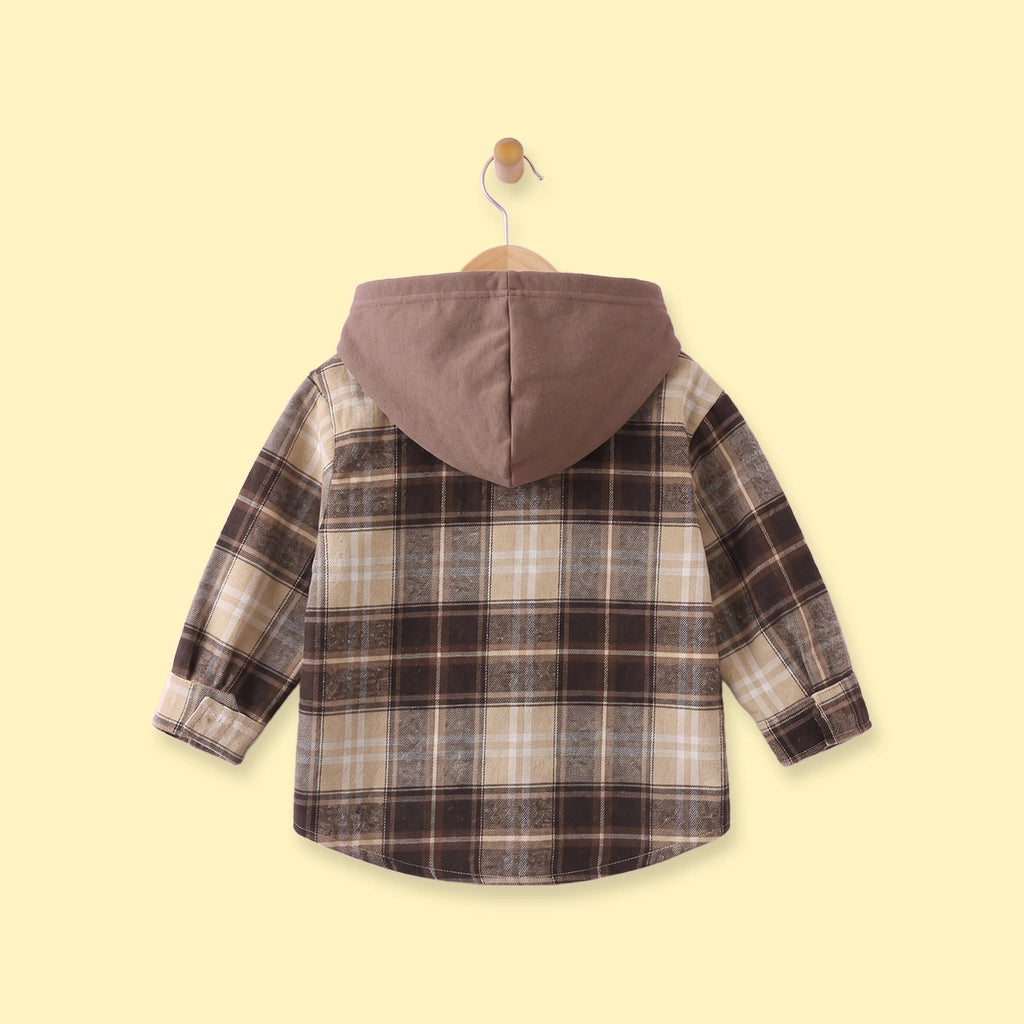 Boys Brown Checked Long Sleeve Hooded Shirt Shirts