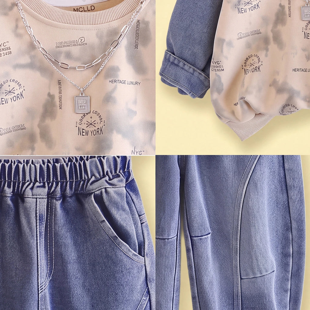 Boys Beige Typography Sweatshirt With Denim Pants Sets 2 pc. Sets