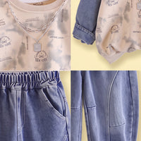 Boys Beige Typography Sweatshirt With Denim Pants Sets 2 pc. Sets