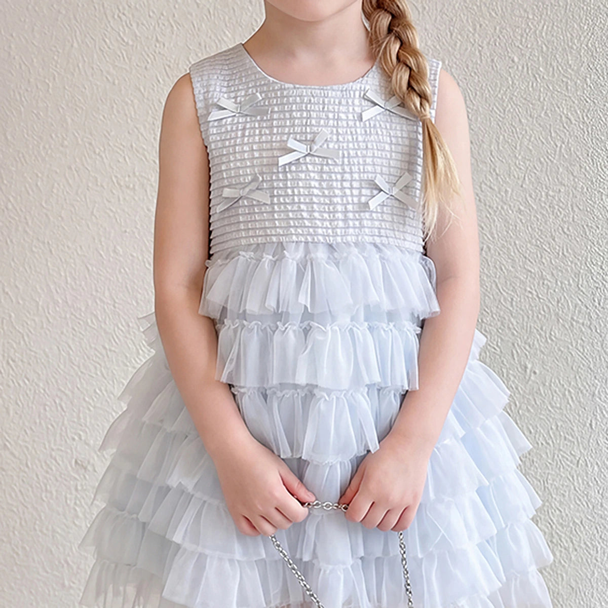Girls Light Blue Bow Applique Sleeveless Tiered Dress Casual Dresses