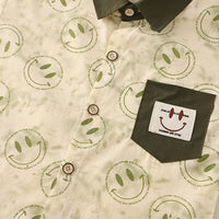 Boys Green Smiley Printed Contrast Collar Shirt With T-Shirt And Shorts Set Sets