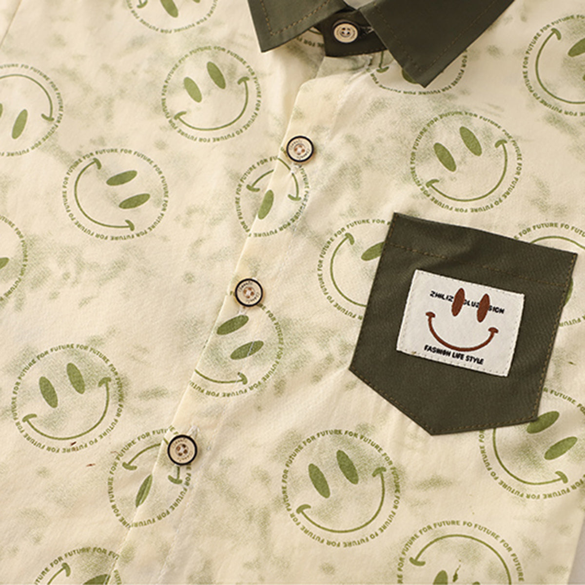 Boys Green Smiley Printed Contrast Collar Shirt With T-Shirt And Shorts Set Sets