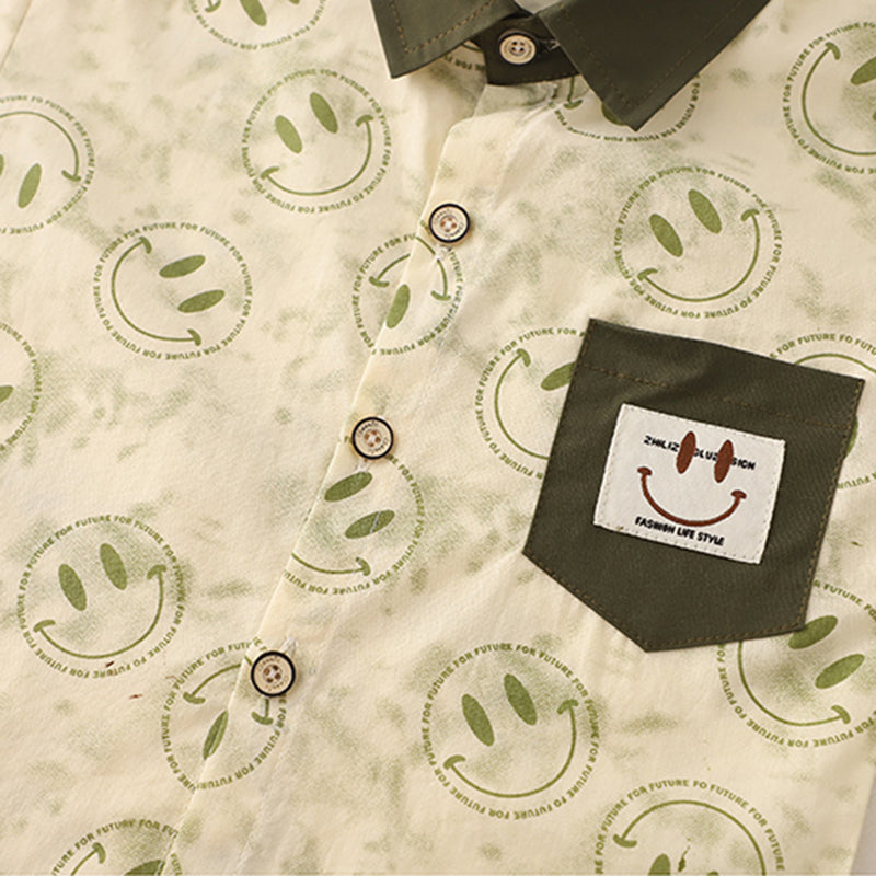 Boys Green Smiley Printed Contrast Collar Shirt With T-Shirt And Shorts Set Sets