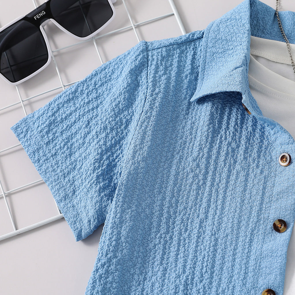 Boys Light Blue Textured Short Sleeves Shirt Shirts