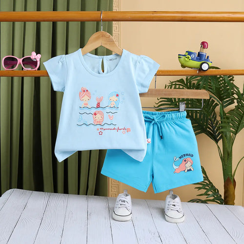 Girls Light Blue Mermaid Print Short Sleeves Top With Shorts Sets Sets Light Blue 6-12 M