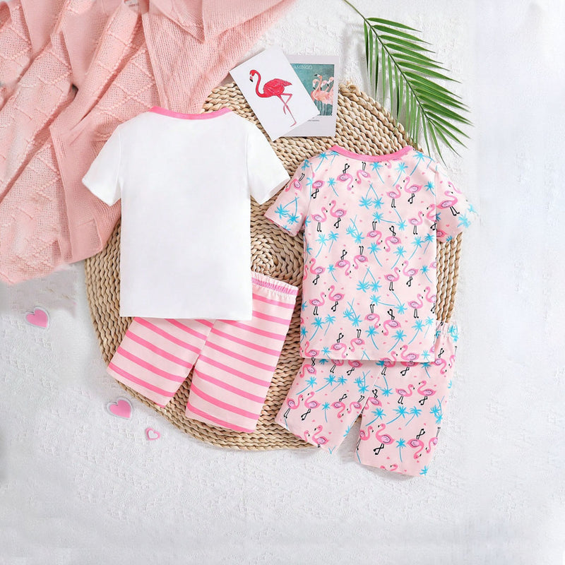 Girls Pink Flamingo Printed T-shirt with Shorts Multipack Set - Set of 2 Sets