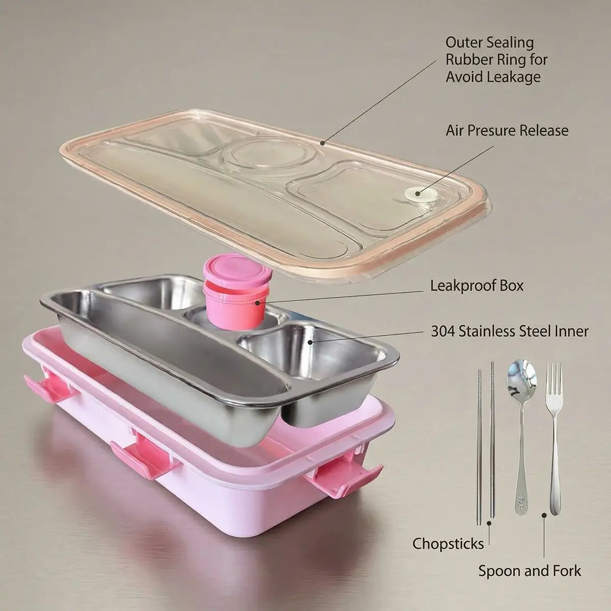 Kids Pink Stainless Steel Lunch Box with 4 Compartments & Sauce Cup Trending Accessories