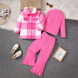Girls Pink Checked Shacket With T-Shirt & Flared Pants Sets