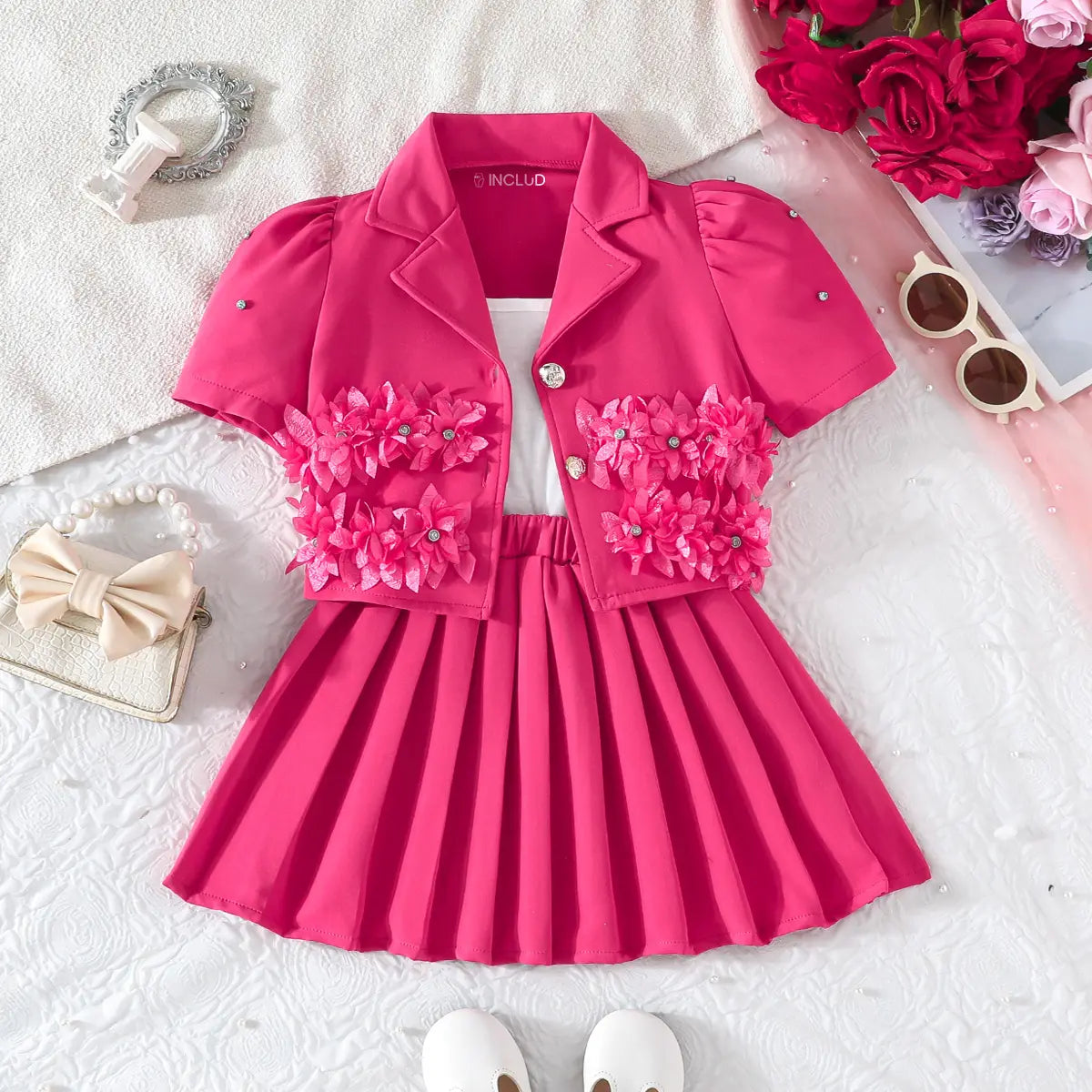 Girls Fuchsia Floral Applique Top With Camisole Top & Pleated Skirt Sets 3 pc. Sets