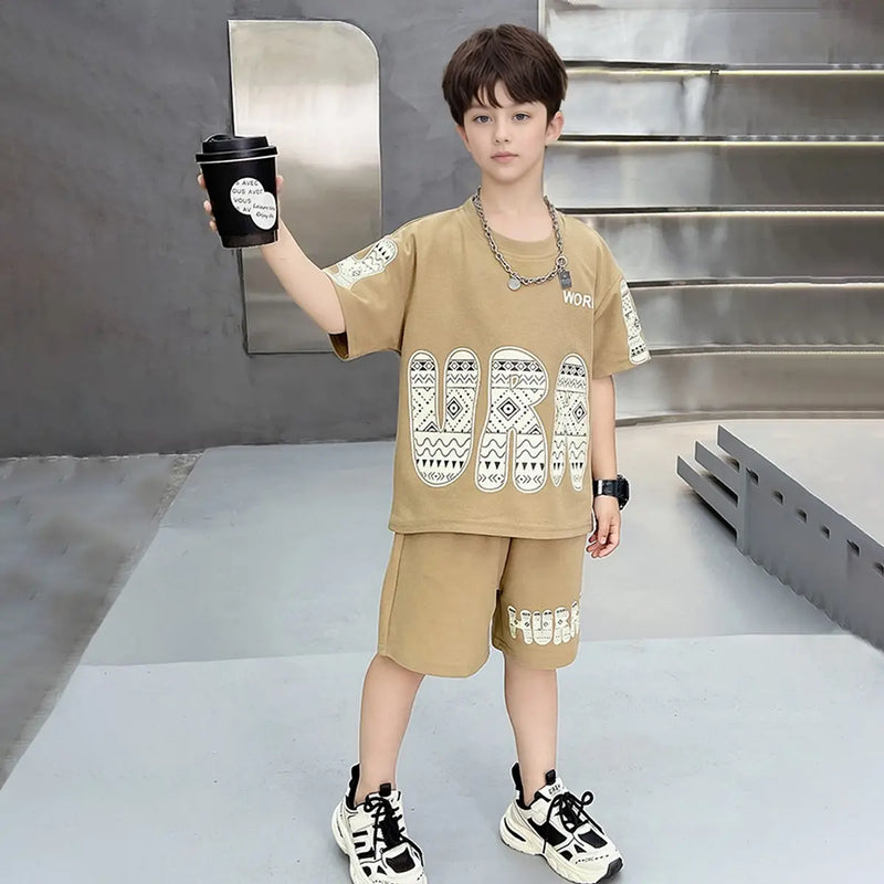 Boys Khaki Typographic Printed Short Sleeves T-Shirt With Shorts Co-ord Sets Sets
