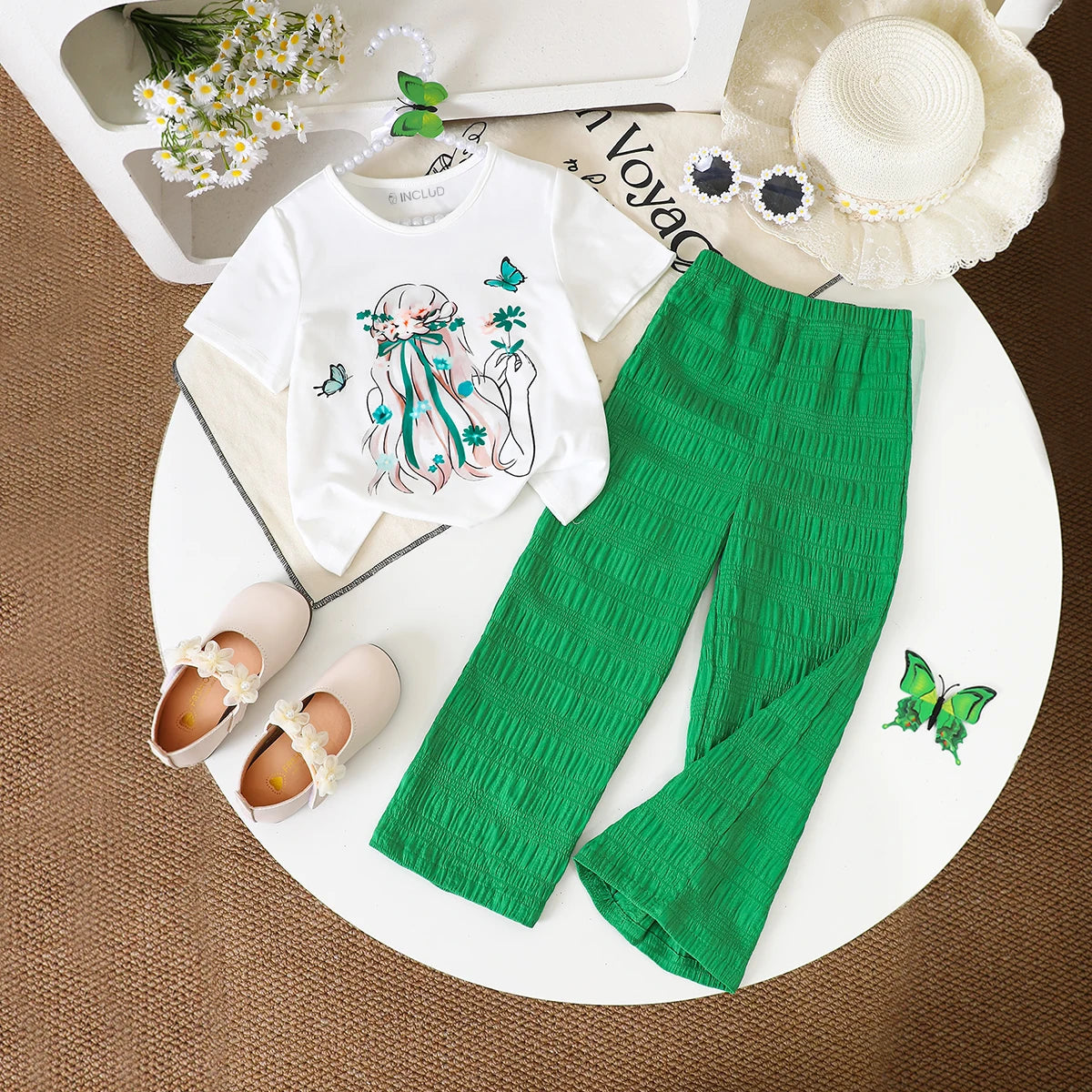 Girls White Butterfly Print Short Sleeve T-Shirt With Pants Sets 2 pc. Sets White 3-4 Y
