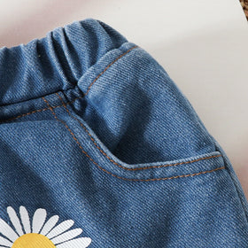 Girls Yellow Ruffle One-Shoulder Top With Daisy Print Denim Shorts Sets Sets