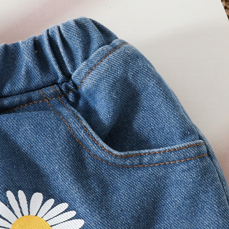 Girls Yellow Ruffle One-Shoulder Top With Daisy Print Denim Shorts Sets Sets