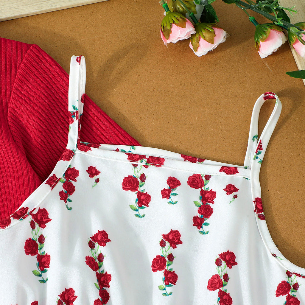 Girls Red Rose Printed Fit & Flare Winter Casual Dress With Shrug Casual Dresses