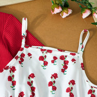 Girls Red Rose Printed Fit & Flare Winter Casual Dress With Shrug Casual Dresses